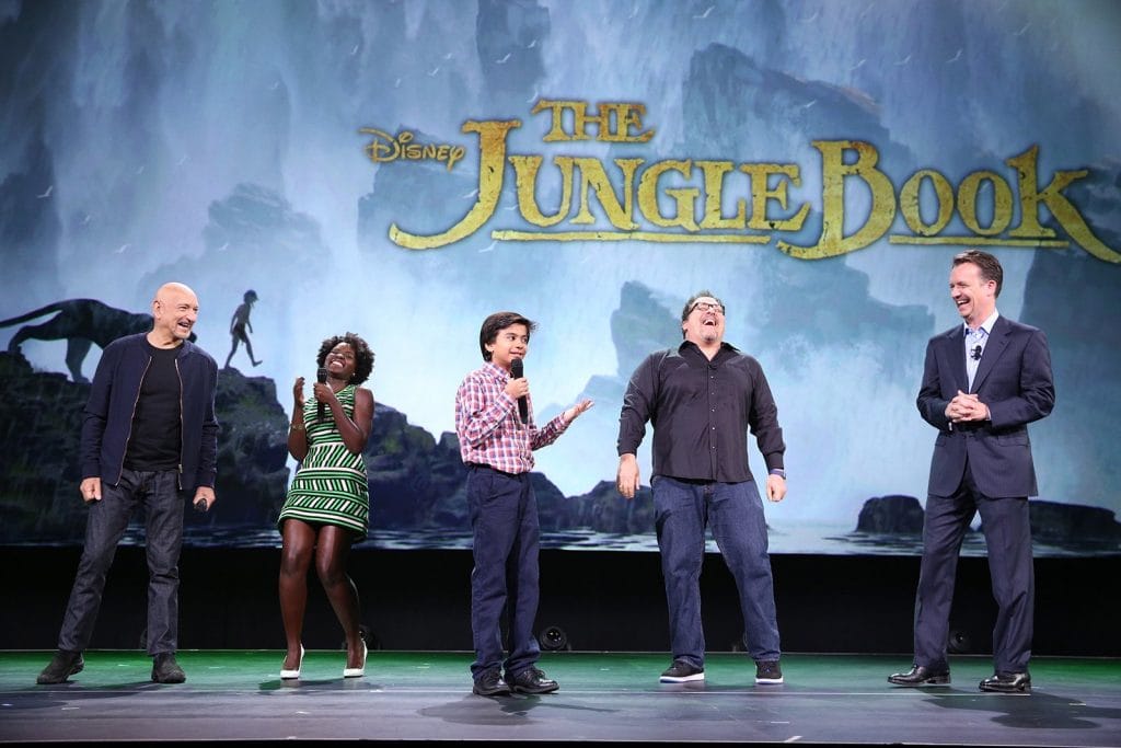 (L-R) Actors Ben Kingsley, Lupita Nyong'o, Neel Sethi and director Jon Favreau of The Jungle Book and President of Walt Disney Studios Motion Picture Production Sean Bailey took part today in "Worlds, Galaxies, and Universes: Live Action at The Walt Disney Studios" presentation at Disney's D23 EXPO 2015 in Anaheim, CA. Photo by Jesse Grant/Getty Images for Disney