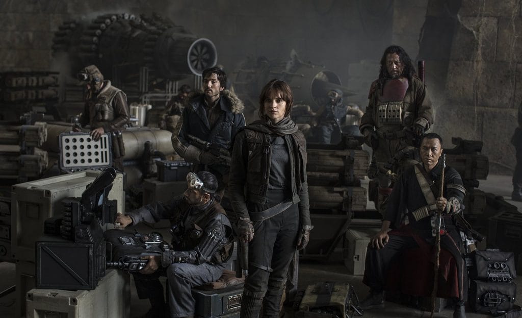 Star Wars: Rogue One Actors (L-R): Riz Ahmed, Diego Luna, Felicity Jones, Jiang Wen and Donnie Yen. Photo Credit: Jonathan Olley/Lucasfilm 2016
