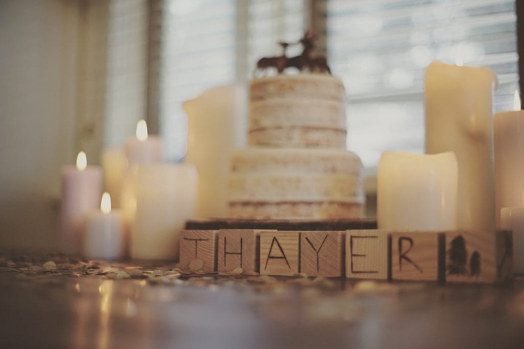 wooden blocks that say 'Thayer' at woodland birthday