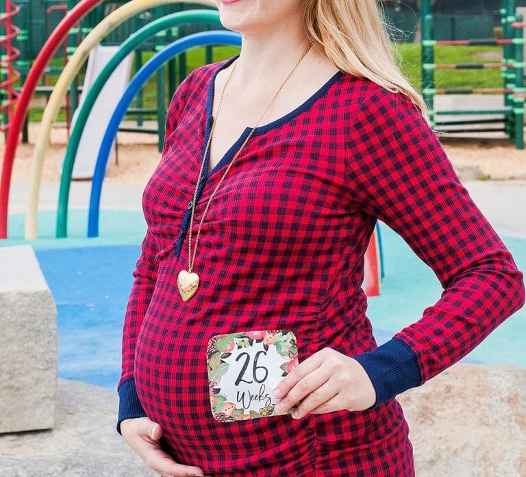 26 week baby bump in red plaid shirt at a park playground