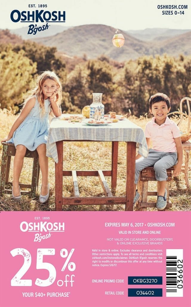 In store coupon for 25% off Spring styles at OshKosh 