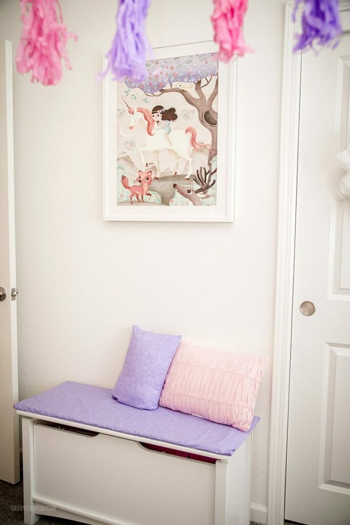 Mouse + Magpie Unicorn Ride framed art over matching bench