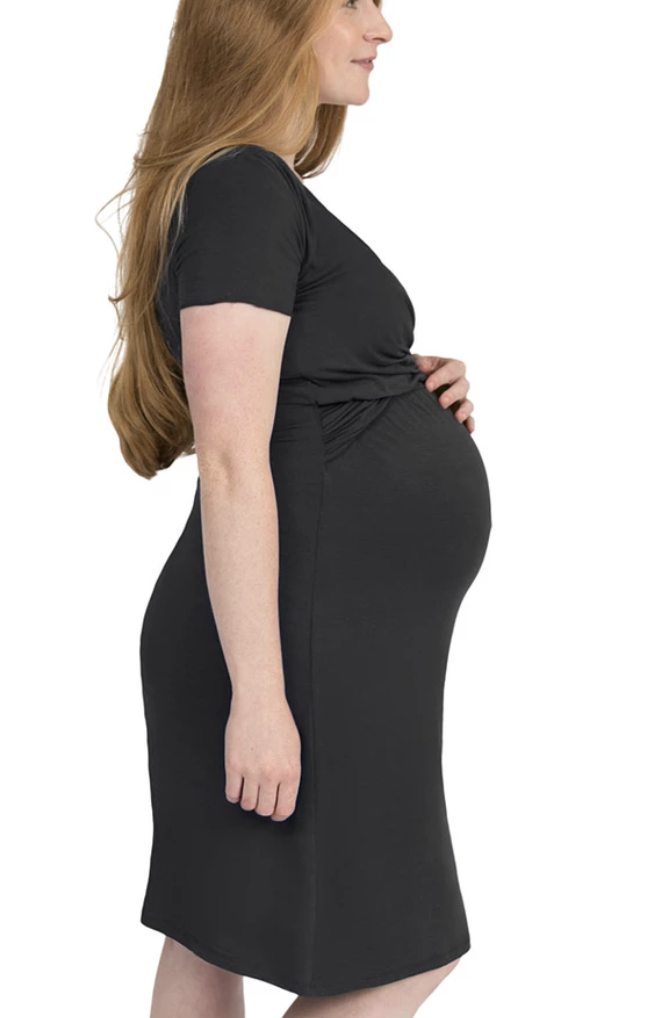 Mom-to-be in grey nightgown