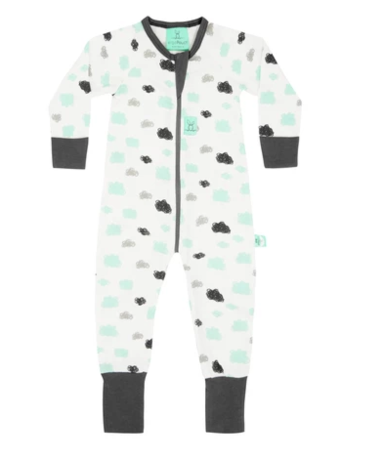 White and grey pajamas with mint/teal and grey clouds on it