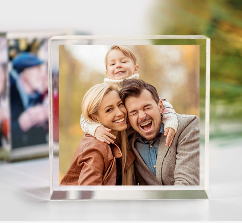 Image of acrylic photo block with family smiling and hugging