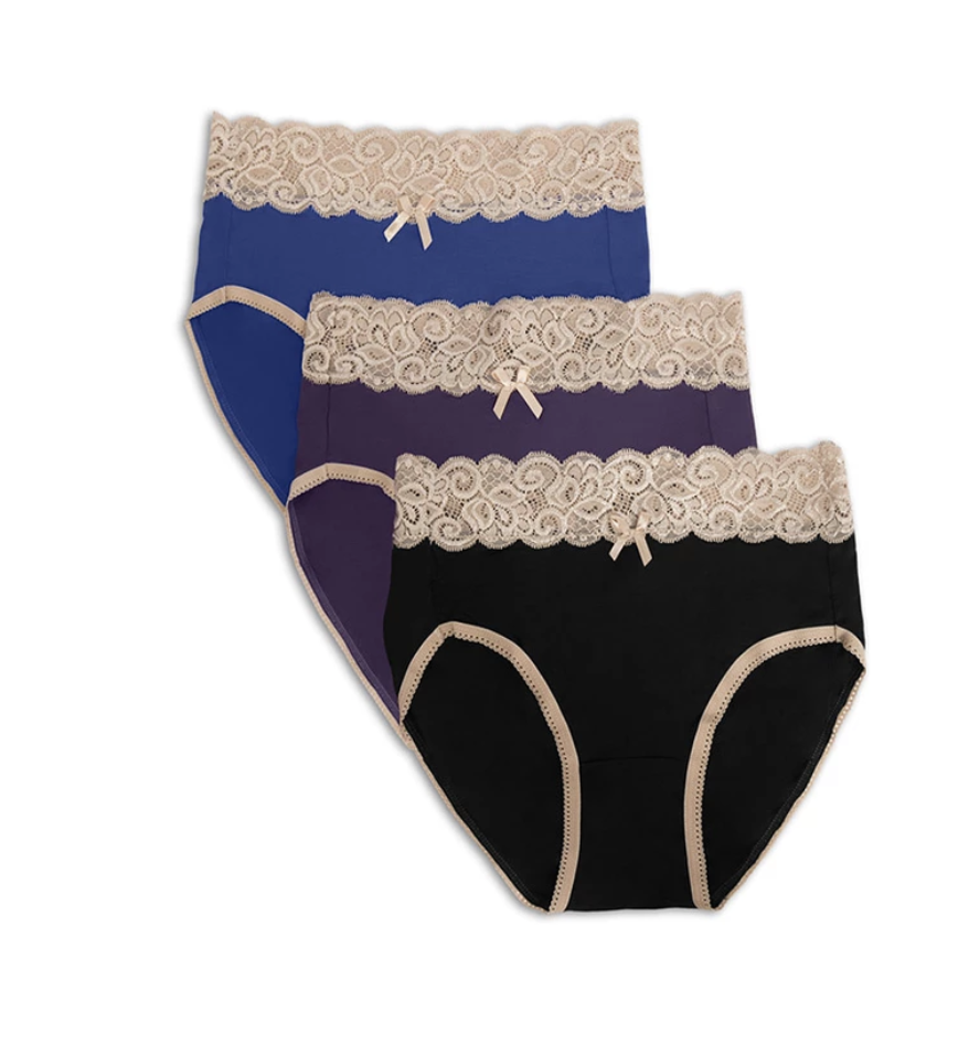 Flatlay product image of a set of three high-waisted postpartum panties in black, purple and blue.