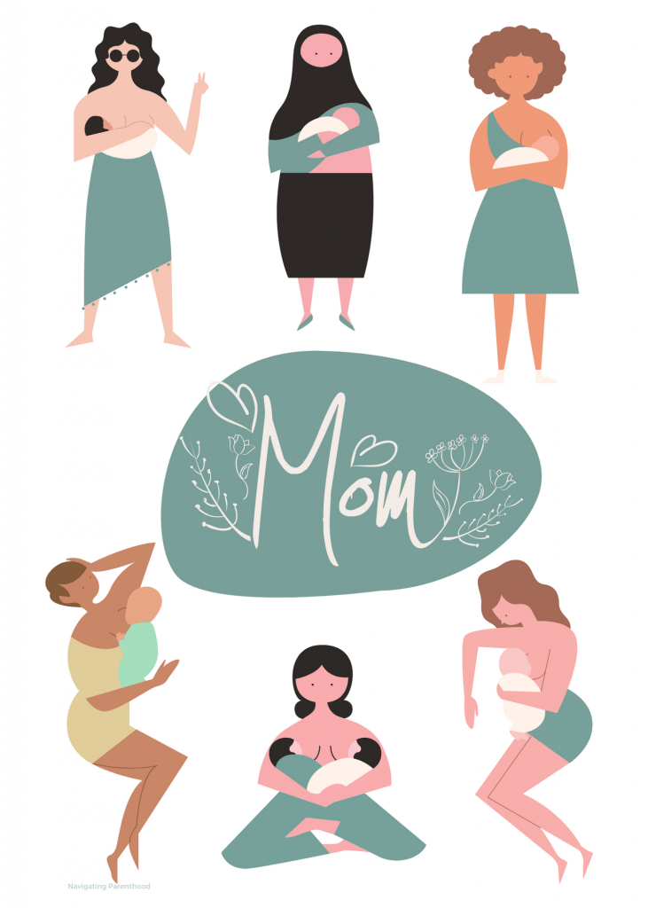 a collage of moms with babies and the word "mom" in center on a green dot