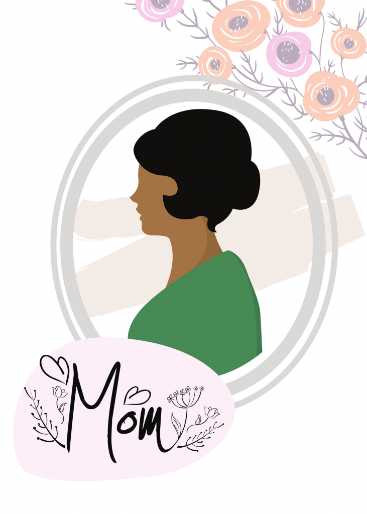 illustrated silhouette of a mom in a green shirt with the words "Mom" on a decorative dot over it