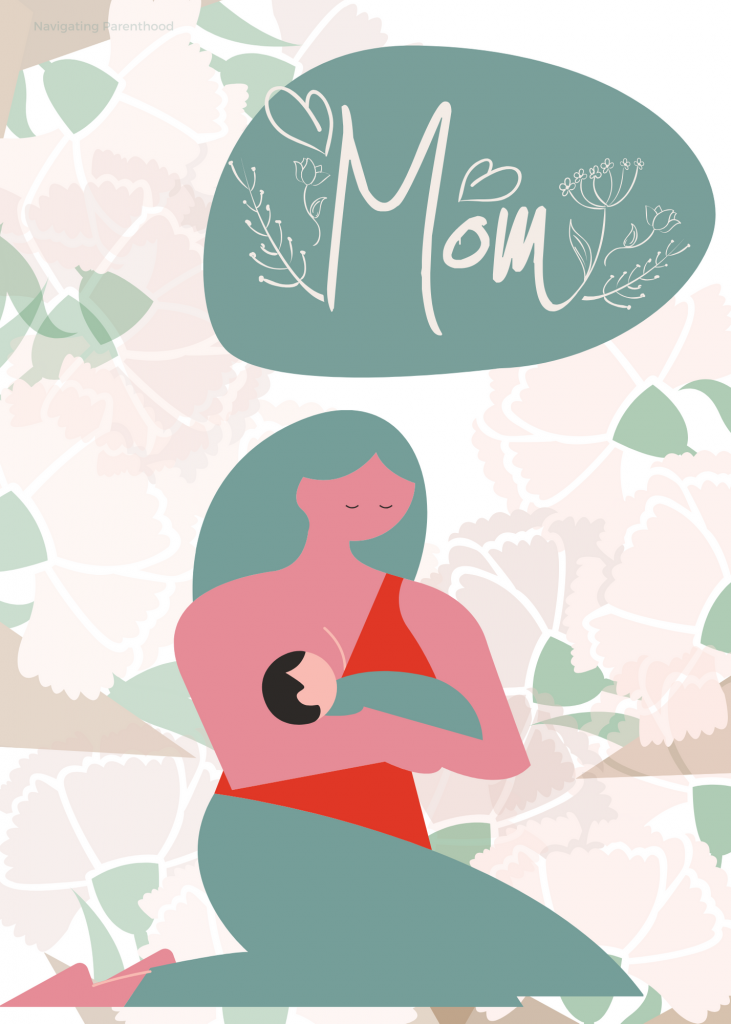 Illustration of a mom with green hair nursing her baby. Light floral background