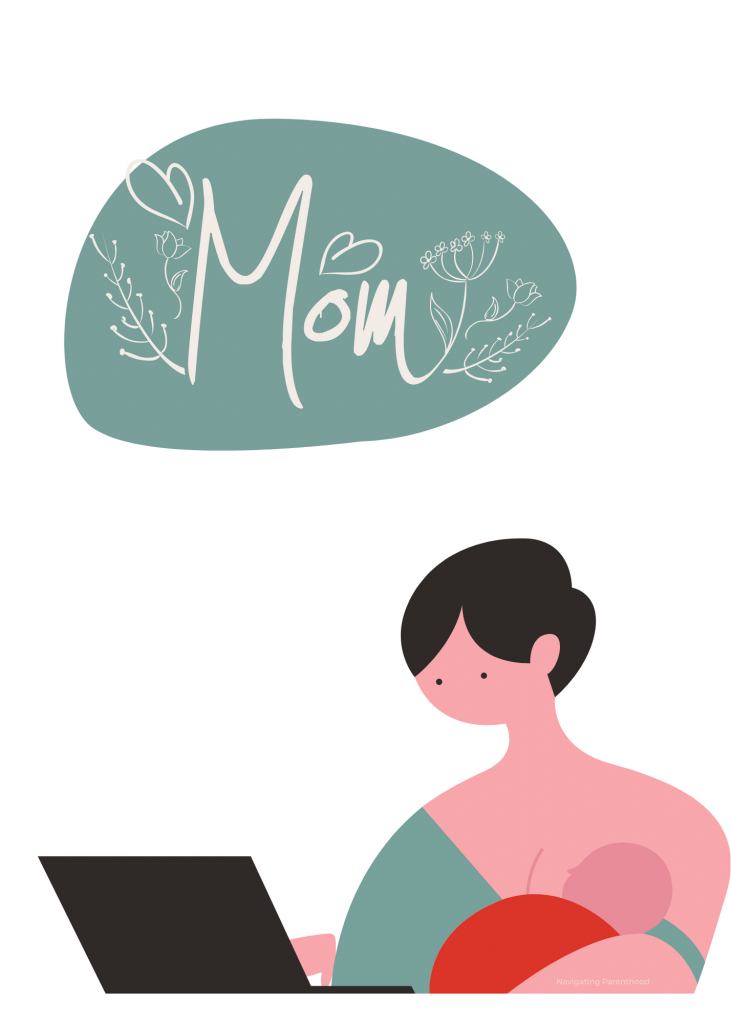 illustration of mom working at computer while nursing her baby