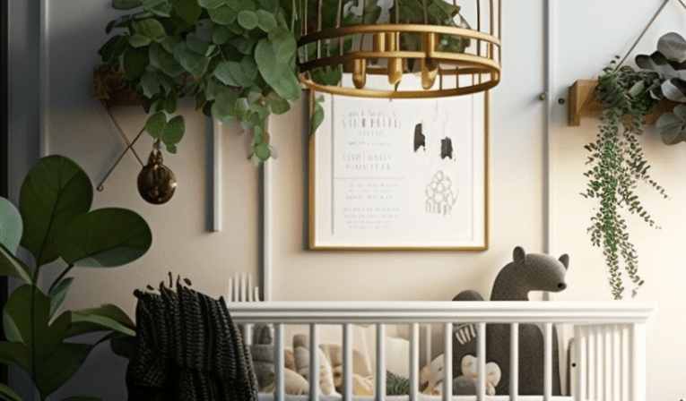 Nursery room full of plants with white crib and gold cage light